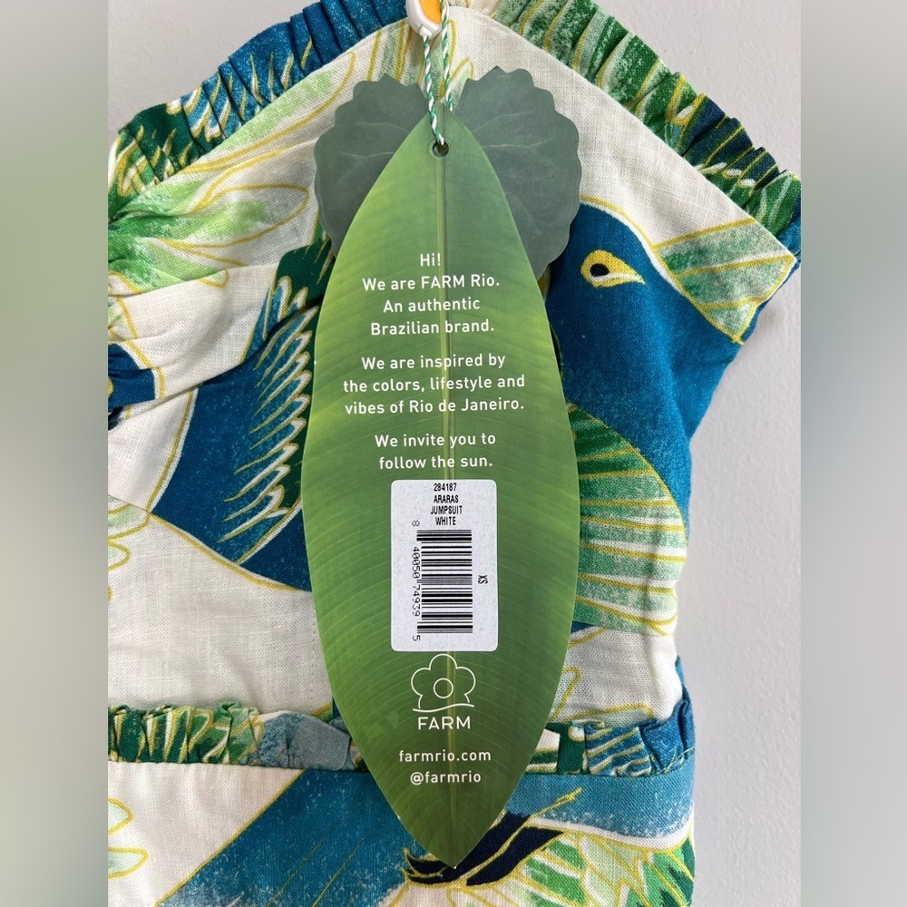 FARM Rio NWT Araras Parrot Print Smocked Linen Relaxed Fit White Jumpsuit, XS - Picture 6 of 14